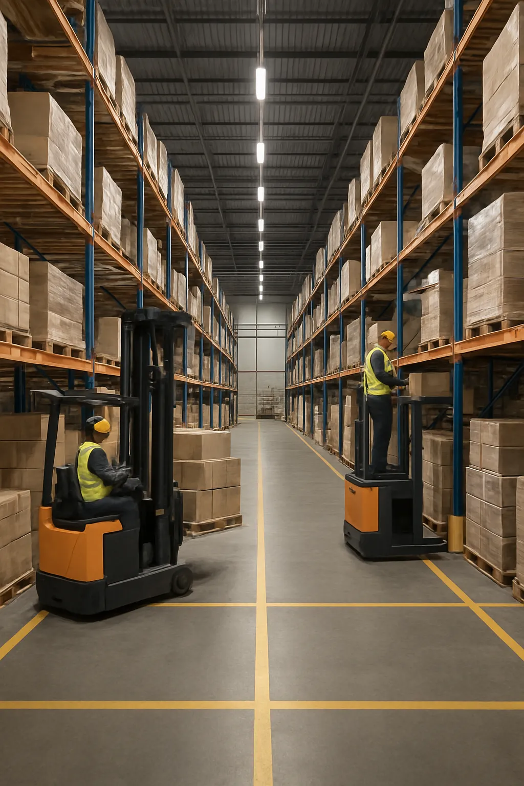 Reach trucks and order pickers working inside a third-party logistics warehouse