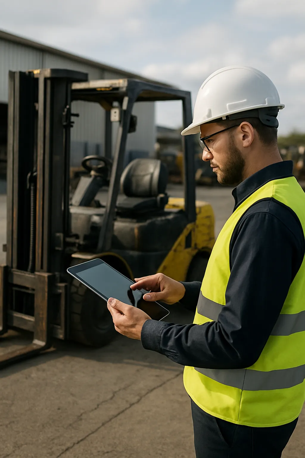 Fleet manager reviewing forklift operating hours and replacement timing