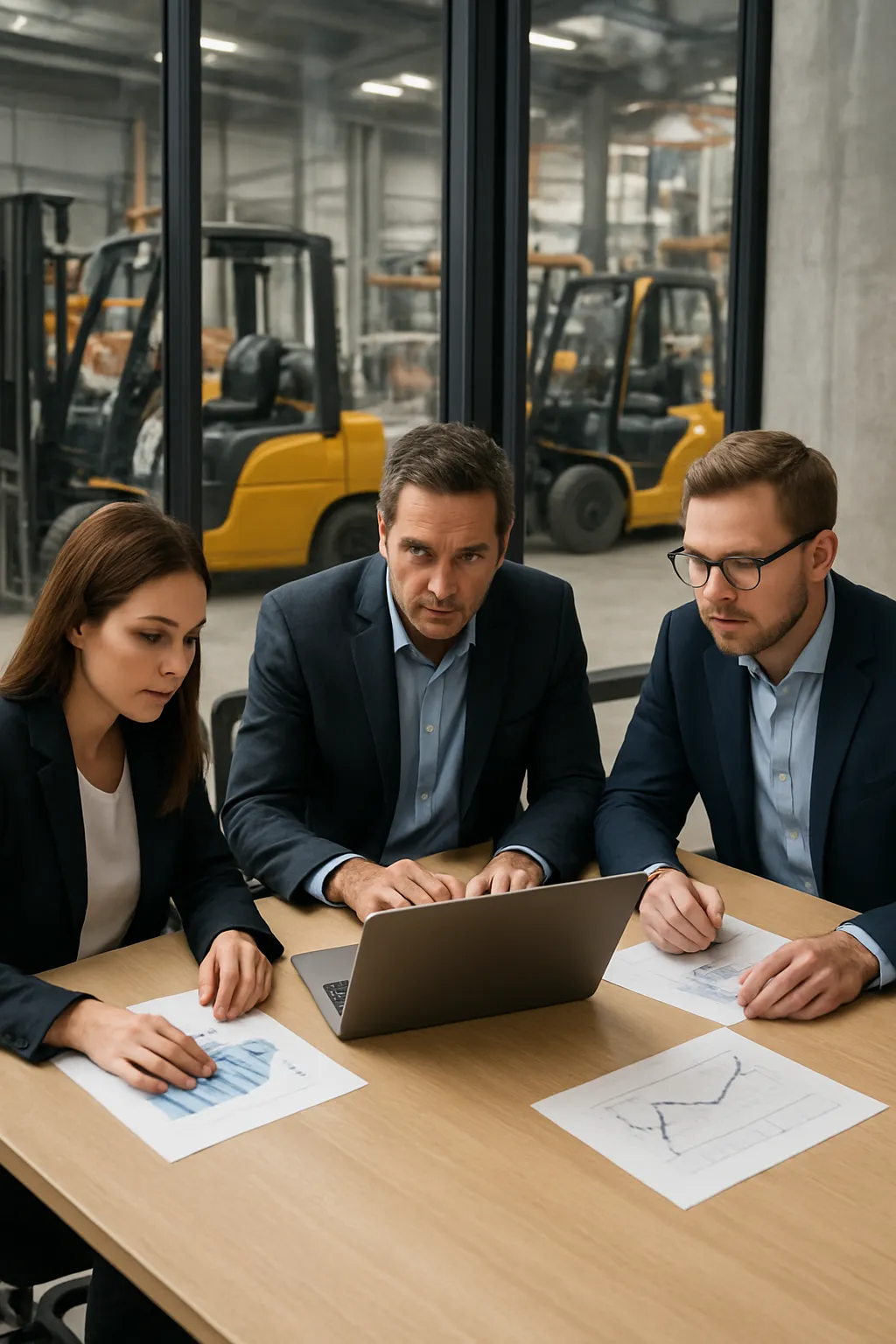 Business team comparing forklift resale proceeds and replacement costs
