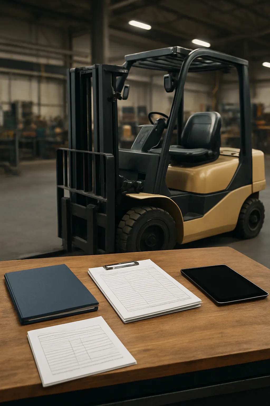 Forklift maintenance records beside equipment prepared for resale