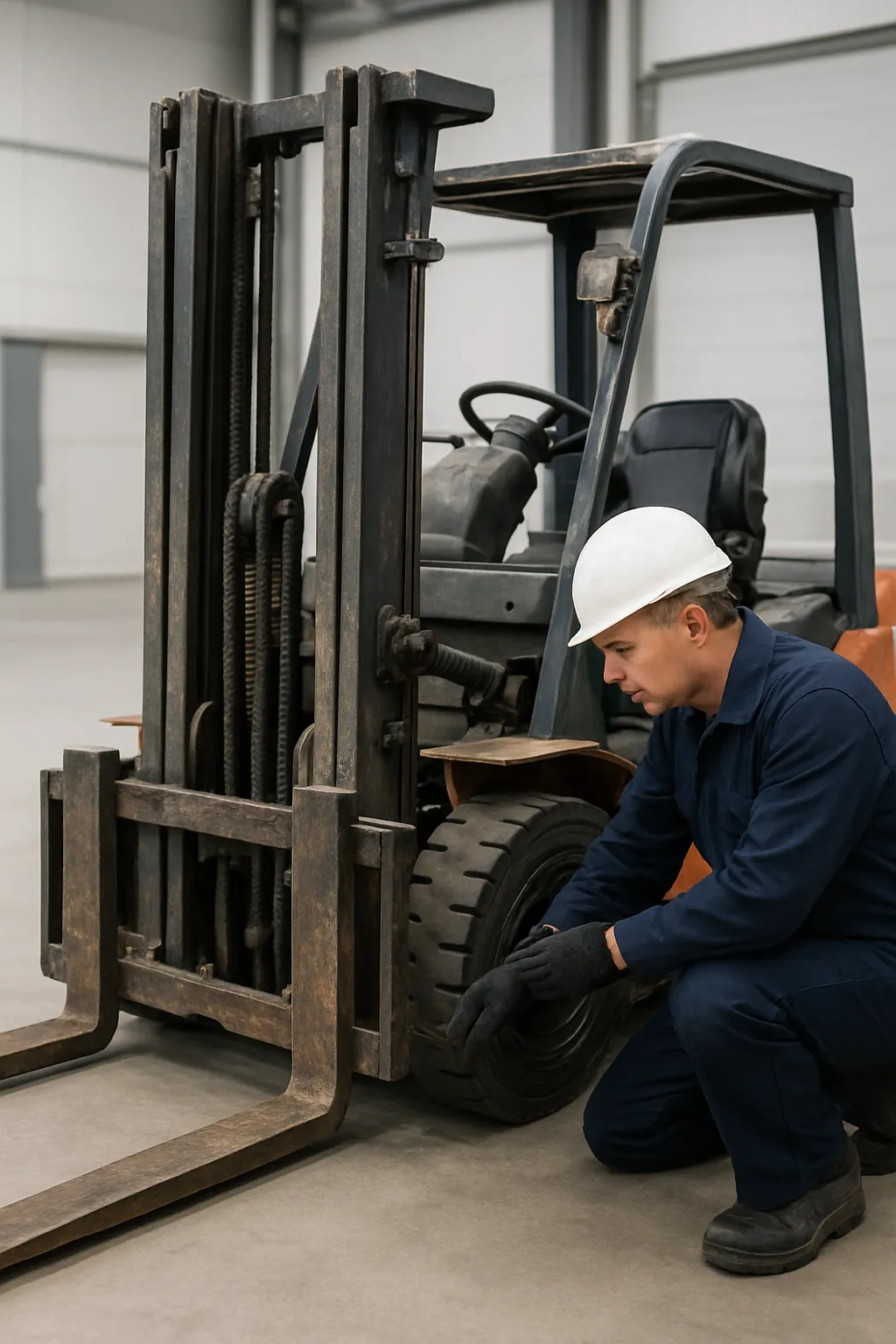 Forklift inspection focused on mast tires forks and hydraulic components