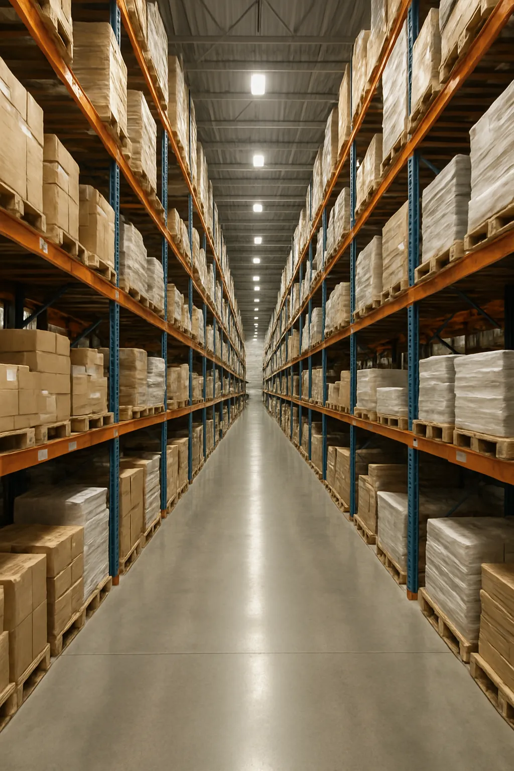 High-density warehouse with narrow aisles and tall pallet racking