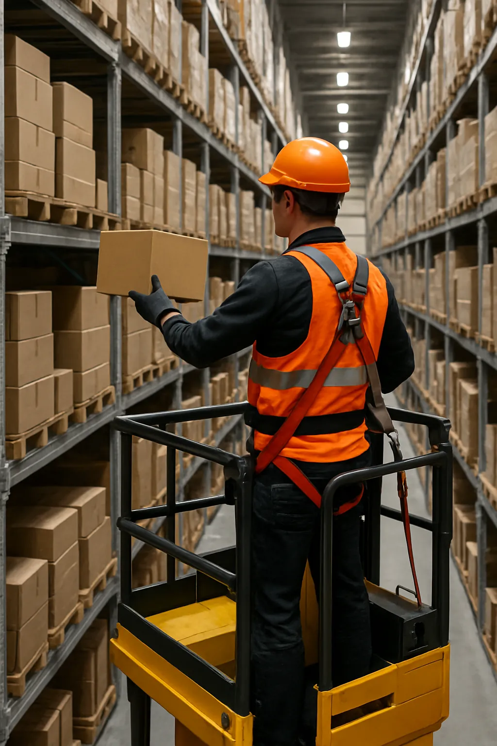 Order picker operator selecting individual products from warehouse shelving