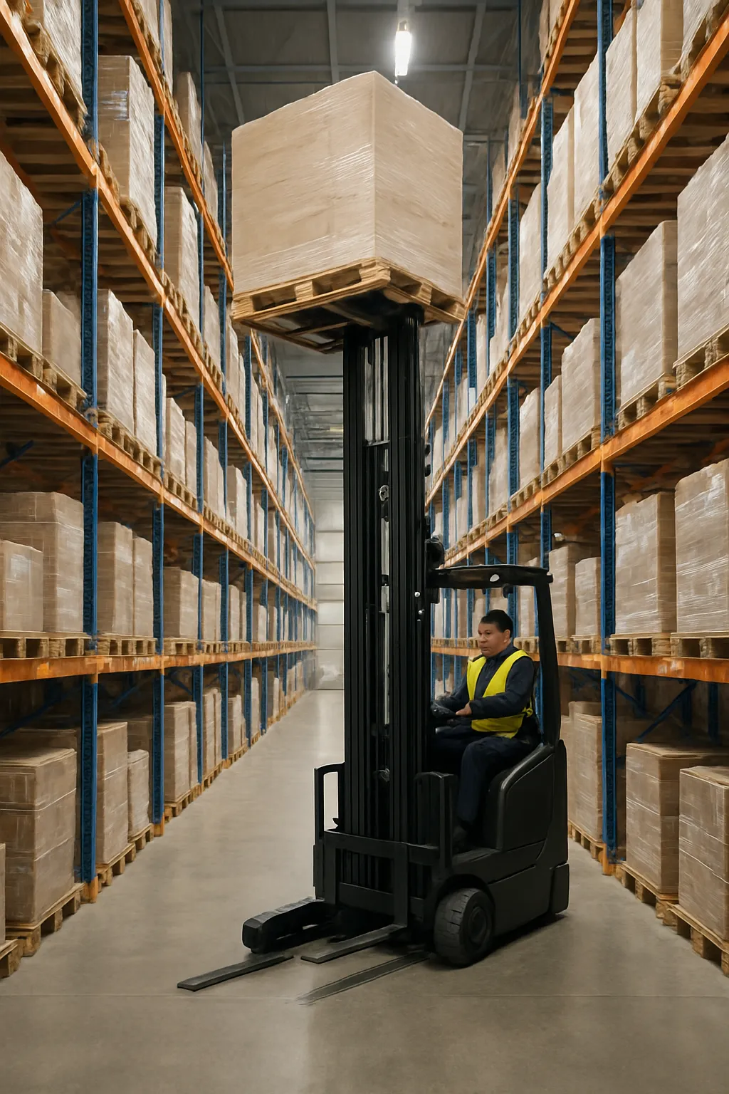 Reach truck lifting a pallet into high warehouse racking