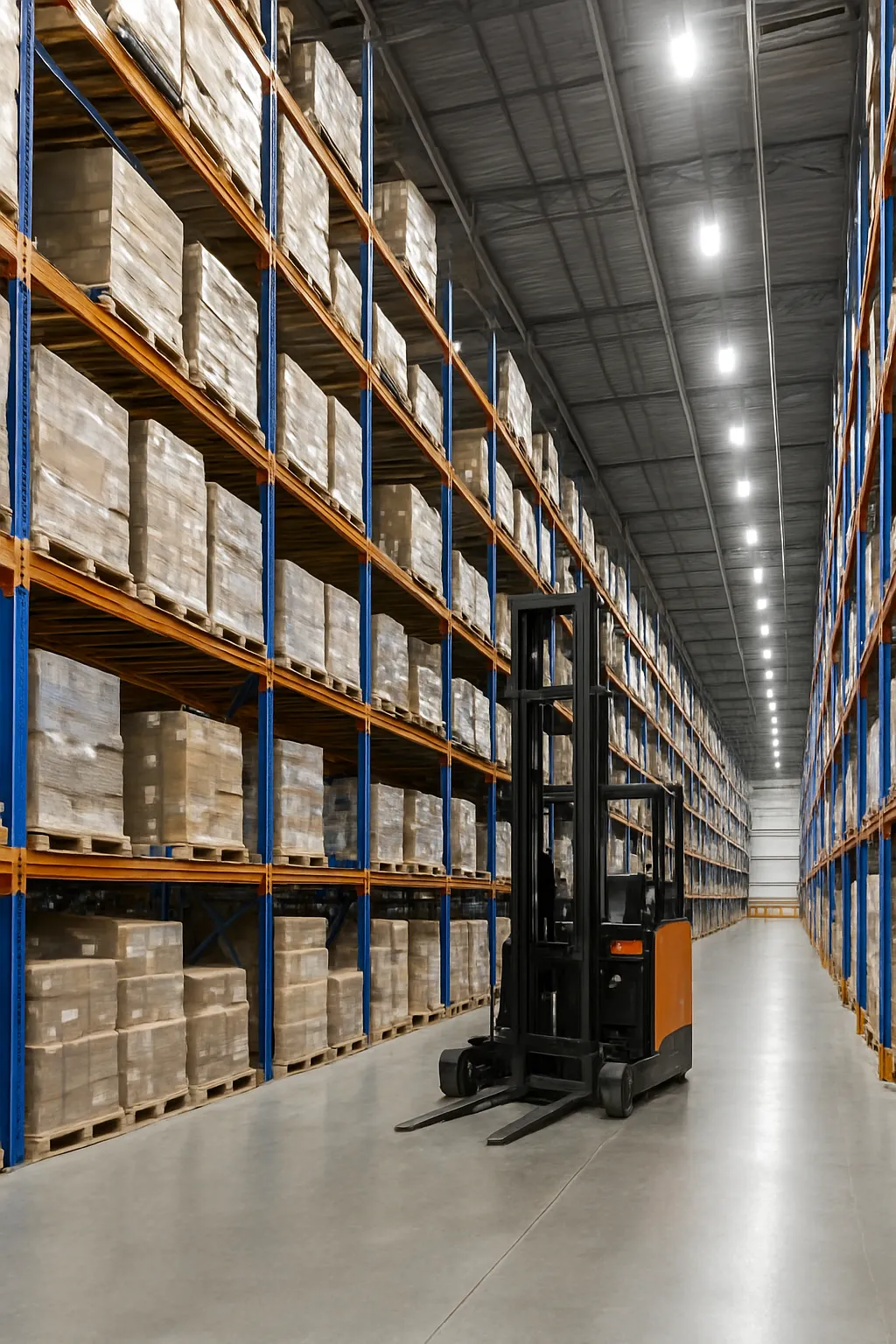 Reach truck operating beside tall warehouse racking in a modern distribution centre