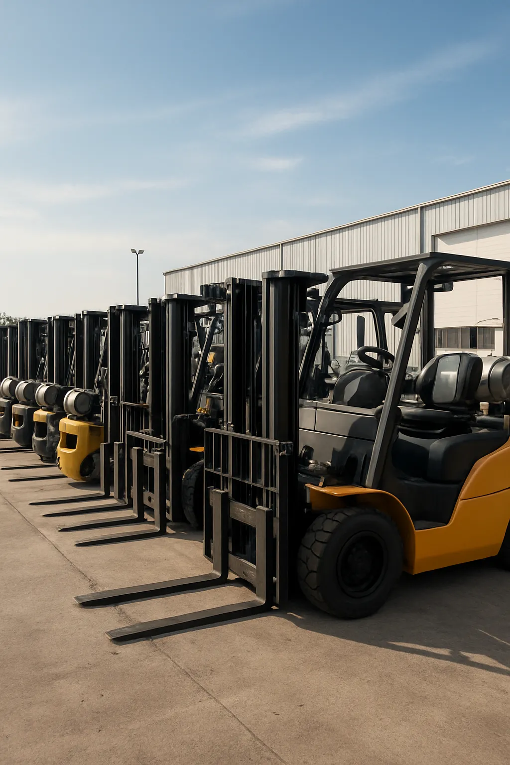 Used forklift fleet organized for inspection and wholesale liquidation