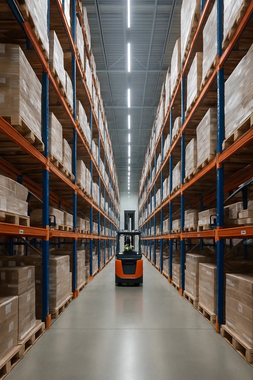 Modern warehouse using tall vertical storage and narrow aisle equipment